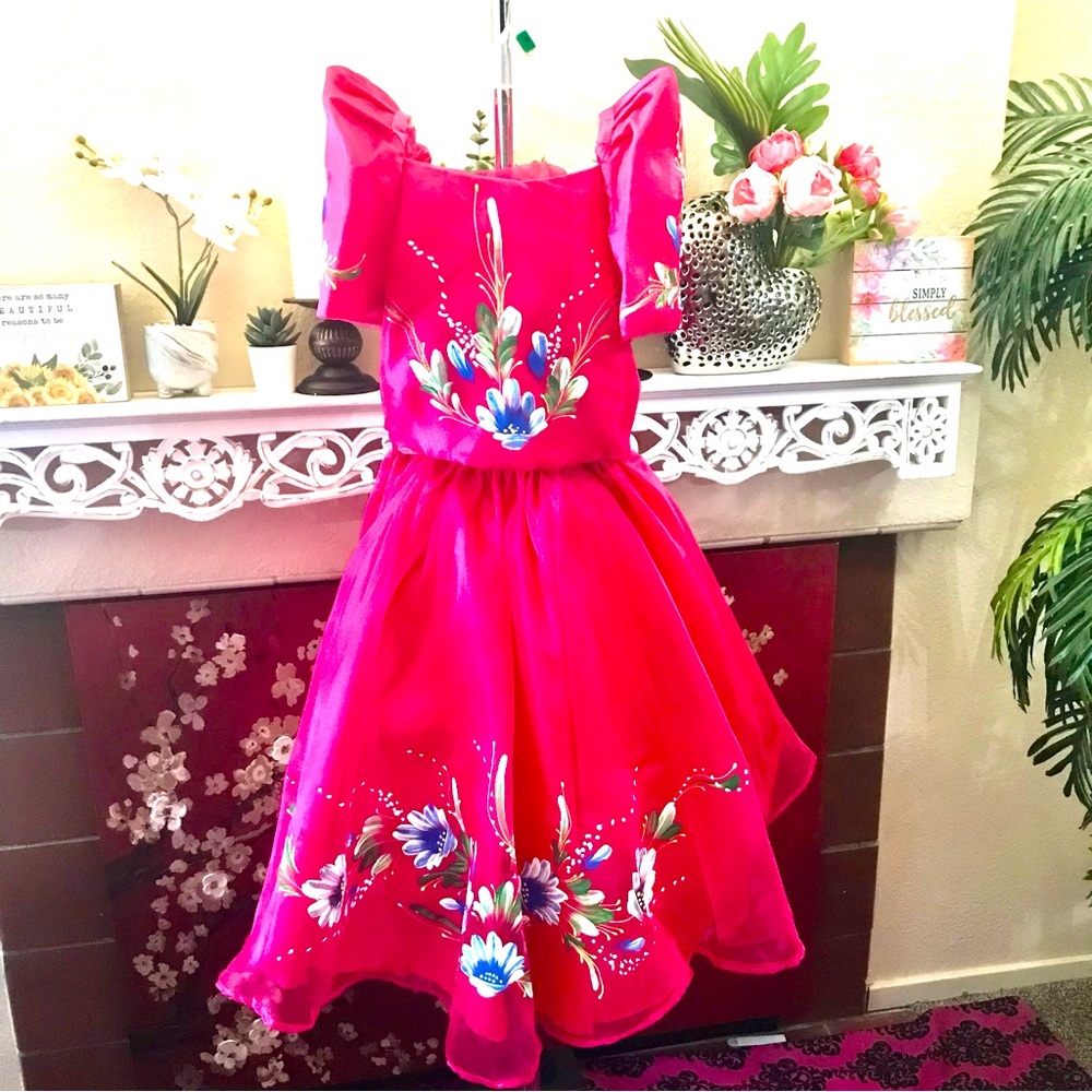 Girls magenta pink organza with Floral paintings print Patadyong Terno, 2 pc set